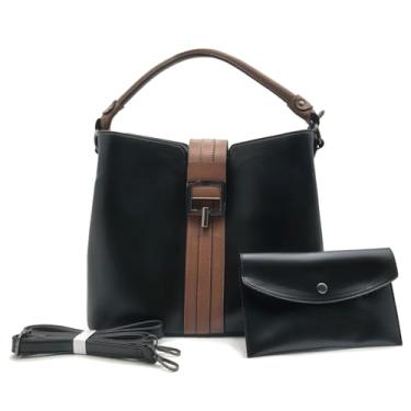 Imagem de Qiannaura Bolsa de ombro feminina com alça superior quadrada e bolsa de mão envelope com design listrado, Preto, 12.6''L × 10.4''H × 5.5''W