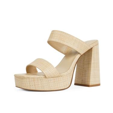 Imagem de Modatope Salto plataforma para mulheres, bico aberto, quadrado, salto grosso, plataforma, duas tiras, sapatos de festa de casamento, Trançado nude, 39