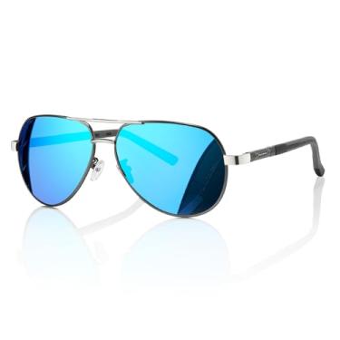Imagem de JOLLYNOVA Óculos de sol aviador masculino retrô polarizado UV400 dobradiças de mola TR90 óculos leves premium, Armação de arma de lente azul, 63MM