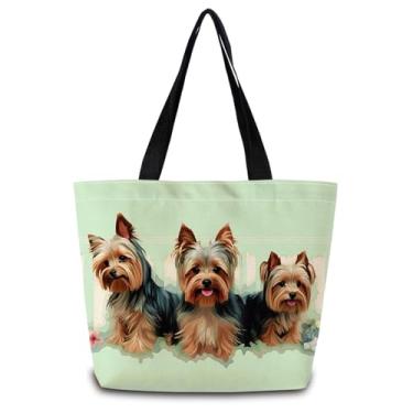 Imagem de ZhuVantrix Yorkshire Terrier, bolsa de compras reutilizável, bolsa de ombro com bolso interno com zíper, elegante, pintura a óleo Yorkshire Terrier, presente para cães, mães, mulheres