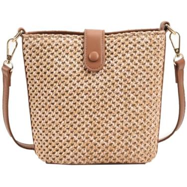Imagem de Bolsa feminina de verão 2025 com tecido de palha transversal bolsa de ombro moderna bolsa casual viagem praia, Marrom, Medium