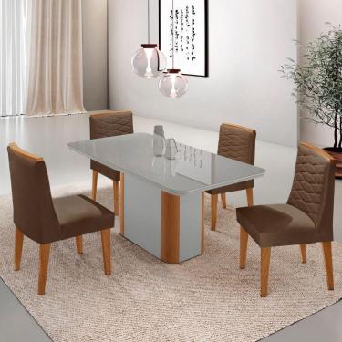 Imagem de Mesa De Jantar Isadora 120cm Tampo Mdf Vidro Com 4 Cadeiras Veludo Marrom Serigrafia Off White