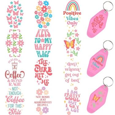Imagem de 60 peças de papéis de transferência de chaveiro UV DTF - Decalques de vinil para chaves e etiquetas de bagagem, desenhos engraçados com revestimento resistente a arranhões, papéis de transferência