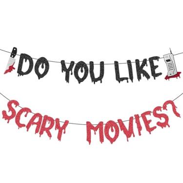 Imagem de Banner Do You Like Scary Movies, Decoração de Festa Noturna de Cinema Grito Decorações de Halloween Banner Pendurado Filmes de Terror Noite Decorações Sangrentas para Decoração de Festa