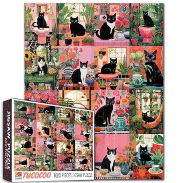 Imagem de Tucocoo Quebra-cabeça gato preto para adultos 1000 peças, engraçado gatinho abstrato botânico rosa verde colagem quebra-cabeças DIY para decoração de casa coleção presente, quebra-cabeça de família