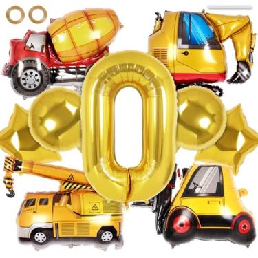 Imagem de 9 balões de construção, balões redondos de 101 cm, número 0 estrelas, caminhão escavadeira, misturador, guindaste, balão, para materiais de festa de aniversário com tema de construção (número 0)