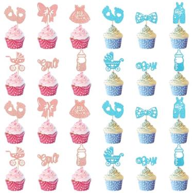 Imagem de MBAIYO 36 peças de enfeite de cupcake revelador de gênero, decorações de chá de bebê rosa e azul com glitter, calças, vestidos, garrafas, pés, meninos ou meninas, suprimentos de decoração de festa (36