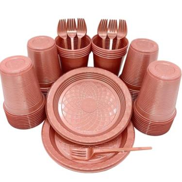 Imagem de Kit 300 Itens Festa Aniversário Descartáveis Plástico Colorido Perolado 100 Pessoas Completo Pratinho Garfinhos Copos (Rose Perolado)