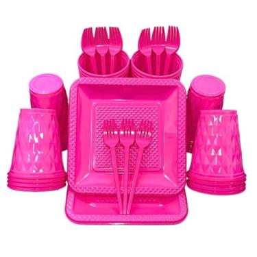 Imagem de Kit 260 Itens Descartaveis Festa Aniversário Prato Quadrado Diamante Plástico Colorido Perolado Candy Pastel (Pink)