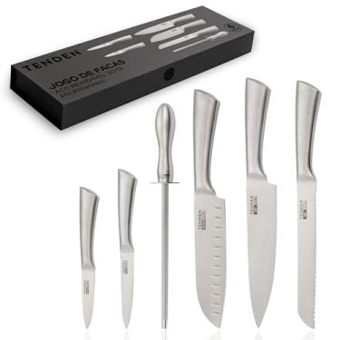 Imagem de Jogo de Facas Profissional 6 Peças Premium TENDEN – Conjunto de Facas de Cozinha Aço Inox 3Cr13. Kit com Faca Chef 8”, Santoku 7”, Pão 8”, Multiuso 5”, Precisão 3,5” + Chaira, Caixa Magnética Presente