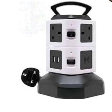 Imagem de Torre de Tomada Vertical, 3 Saídas com 2 USB, Proteção Contra Sobrecarga, Base Giratória 360°, Branco e Preto
