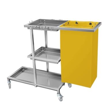 Imagem de Carrinho de limpeza com rolamento, carrinho de limpeza comercial de 3 prateleiras, carrinho de limpeza de aço inoxidável com saco de PVC (amarelo)