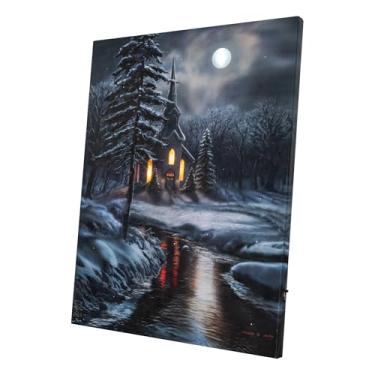 Imagem de DEMAGNNIE Impressão de pinturas de igreja em tela de parede com luzes de fibra óptica com temporizador, 43,2 x 35,5 cm, quadro iluminado por LED, cenário de neve de inverno com ponte de rio, para sala