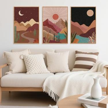 Imagem de SIWECUS Arte de parede em tela emoldurada do deserto boêmio, decoração de parede de sol e lua, pinturas de arte de cacto modernas de meados do século, arte de paisagem do sudoeste para sala de estar