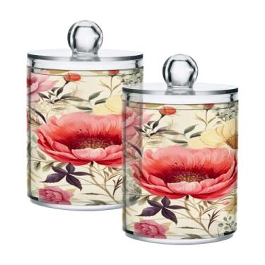 Imagem de ATTX Dispensador de suporte Qtip de flores rosa para bola de algodão, cotonete, frasco de boticário de plástico transparente, pote de armazenamento de cozinha para decoração de casa, pacote com 2 (74)