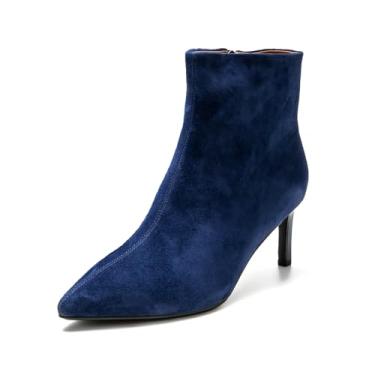 Imagem de ONEENO Botas femininas clássicas de camurça com bico fino e cano curto, Azul marinho, 34