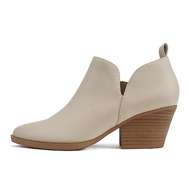 Imagem de Soda SECTÓRIO ~ Bota feminina bico fino corte V empilhado salto baixo grosso cano curto bota com zíper lateral, Bone PU, 34