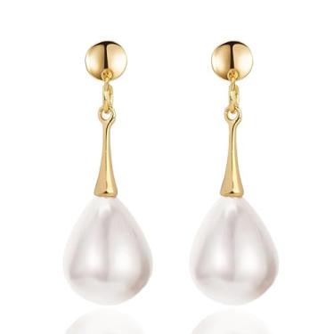 Imagem de Brincos de pérola para mulheres - Brincos de pérola sintética branca perfurada para noivas, casamentos, joias de presente (ouro)