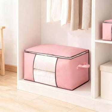 Imagem de Sacos de armazenamento grandes para edredons e cobertores, organizador de armário de 61 x 40 x 35 cm com fecho de zíper, recipientes de armazenamento de tecido resistente para roupa de cama (rosa)