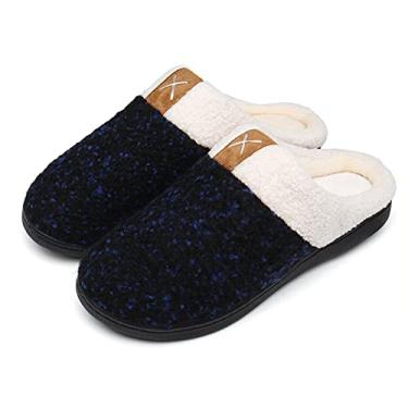 Imagem de UBFEN Pantufas masculinas de espuma viscoelástica confortável forro de pelúcia sem cadarço para uso interno e externo, A Navy, 13-14 Women/10-11 Men