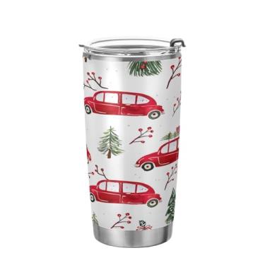 Imagem de YETTASBIN Copo de carro de árvore de Natal com tampa de palha, copo de aço inoxidável de 590 ml, parede dupla, isolada a vácuo, caneca de café de viagem para bebidas quentes e frias