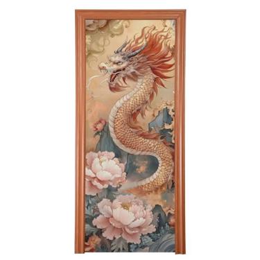 Imagem de xigua Capa de porta de decoração de dragão com flores 91 x 244 cm, placa de decoração de festa para porta da frente, porta de garagem