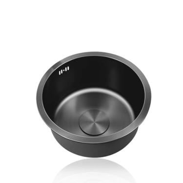 Imagem de PVXMQFFA Mini pia de cozinha redonda, pias pequenas de aço inoxidável 304, pia de tigela única, pia de caravana nano preta com transbordamento para trailer, bar, restaurante, montagem inferior e