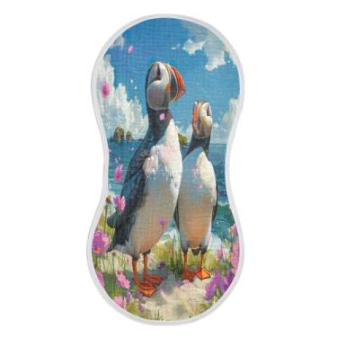Imagem de xigua Conjunto de 4 panos para arrotos de musselina de praia Puffins para arrotos supermacios e absorventes, roupas de arroto de algodão, presente de chá para recém-nascidos, bebês meninas e meninos