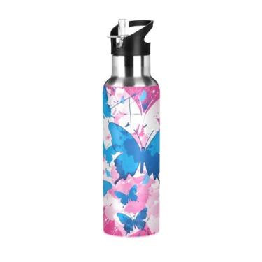 Imagem de Wassud Garrafa de água azul borboletas de aço inoxidável garrafa de água esportiva com canudo garrafas de água isoladas copo portátil de viagem 623 g