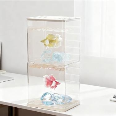 Imagem de Tanque de peixes Betta pequeno, pacote com 2, mini aquário de 1 litro com base ajustável, cascalhos e cristal de resina, aquário de acrílico para casas ou escritórios, ideal para peixes beta, peixes