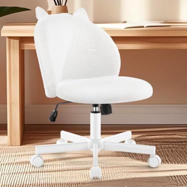 Imagem de Morkprism Cadeira de toucador com encosto de gato, cadeira de mesa sem braços, linda cadeira de escritório pequena, cadeira de computador de tecido de pelúcia com altura ajustável, inclinação de 120°