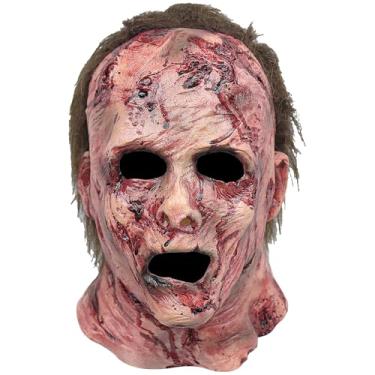 Imagem de GOBWCOT Máscara assustadora, horror, assassino sangrento, demônio, zumbi, máscara de látex, faca, adesivo, assustador, Halloween, cosplay, adereços para adultos (3 peças)