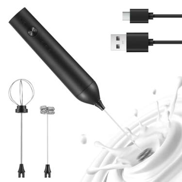 Imagem de Leite elétrico fother recarregável fabricante de espuma portátil 3 velocidades Ajuste o batedor independente para creme de café Branco com ovo com 2pcs Removível Cabeças de aço (Preto)