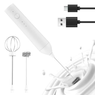 Imagem de Leite elétrico fother recarregável fabricante de espuma portátil 3 velocidades Ajuste o batedor independente para creme de café Branco com ovo com 2pcs Removível Cabeças de aço (Branco)