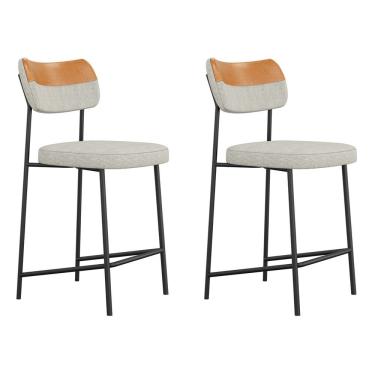 Imagem de Kit 2 Banquetas Médias Para Cozinha Lila Estofada Aço Carbono Couríssimo Linho Cinza Desk Design