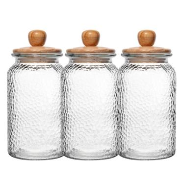 Imagem de Kit 3 Porta Mantimento Pote De Vidro Martelado Com Tampa De Bambu 1,3l Wolff