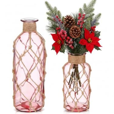 Imagem de Chuangdi Conjunto de 2 vasos de vidro costeiros para flores, pequeno vaso de flores com corda boho, garrafa decorativa de praia para mesa náutica costeira centro de mesa decoração de arranjo floral de