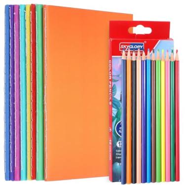 Imagem de Pacote com 8 livros em branco para crianças com 12 lápis de cor, conjunto de caderno de esboços com tema A6, mini diários de 10,4 x 14 cm para escrever histórias, cadernos infantis em massa