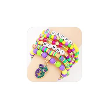 Imagem de Hremhoo Pulseira feminina elástica com contas de carnaval, várias camadas, máscara, chapéu, palhaço, letra, empilhável, conjunto de pulseiras para carnaval, acessórios de carnaval, lembrancinhas de