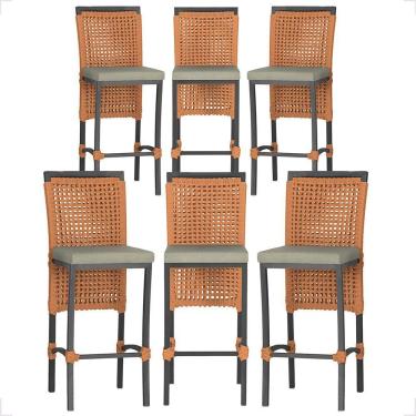 Imagem de 6 Banqueta Em Alumínio Roma Preta Corda Náutica Tecido 8 Terra Cota