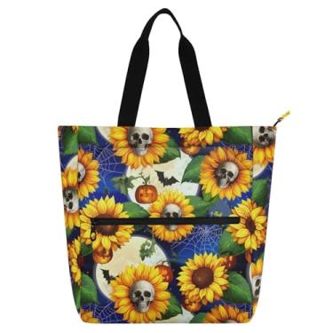 Imagem de Sunflowers Skulls Book Tote Bag impermeável Oxford Bolsa de ombro para crianças e adultos biblioteca escolar