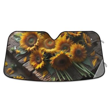 Imagem de Girassóis em tábua de madeira, para-brisa de carro, para-sol, refletor UV, para-sol para janela frontal, mantém seu veículo fresco