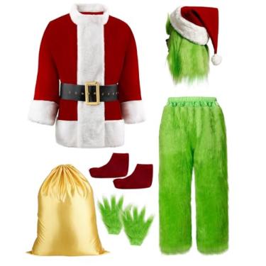 Imagem de Suroomy Fantasia de Natal verde para homens, fantasia de Papai Noel adulto com máscara, 8 peças, roupa divertida de luxo para cosplay, Verde, G