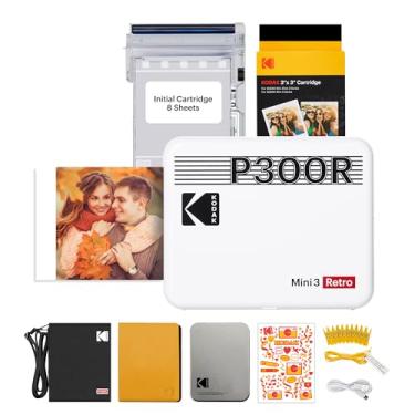 Imagem de Impressora fotográfica portátil KODAK Mini 3 Retro 4PASS (7,6 x 7,6 cm), inicial 8 folhas + 60 folhas + pacote de presente, branca