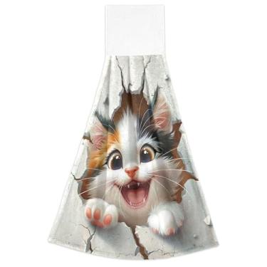 Imagem de Cute Cat Break Walls Toalhas de mão de outono com laço para pendurar toalhas de chá de forno ultra absorventes conjunto de 2, toalhas de cozinha de outono fofas 47 x 35 centímetros
