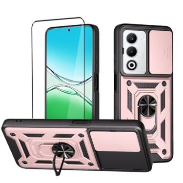 Imagem de CNPUTAO Capa para Oppo A5 Pro 5G com protetor de tela de vidro temperado, janela deslizante para câmera, suporte, capa de telefone de camada dupla antiarranhões à prova de choque, ouro rosa