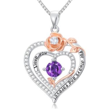 Imagem de WYDDO Colares de coração rosa para mulheres, mãe, pedra do mês de nascimento, pingente, aniversário, Natal, Dia dos Namorados, joias presentes para sua esposa, filha, mãe, One Size, Base, Pedra do mês