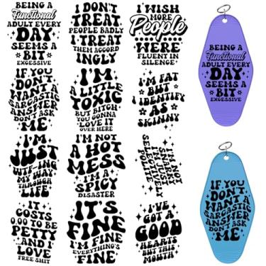 Imagem de XRTHGS Adesivos UV DTF, 24 folhas por pacote com citações satíricas, alta viscosidade, adequado para superfícies lisas e planas, como chaveiros de motel e hotel