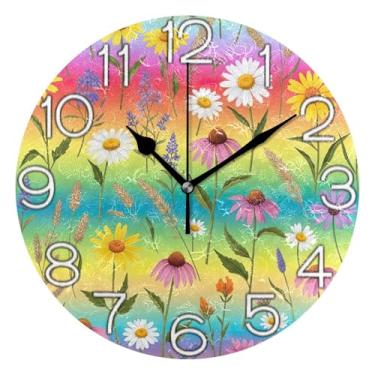 Imagem de Relógio de parede analógico decorativo operado por bateria silencioso para sala de aula, relógio de escritório, retrô moderno art déco decoração de parede flor gradiente, desenho animado, 25 cm
