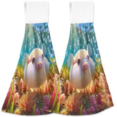 Imagem de TSENQUE Toalha de mão personalizada com laço para pendurar bonito baiacu porco oceano toalhas de forno conjunto de 2 toalhas de mão de cozinha fofas estéticas macias absorventes, 46 x 35 centímetros